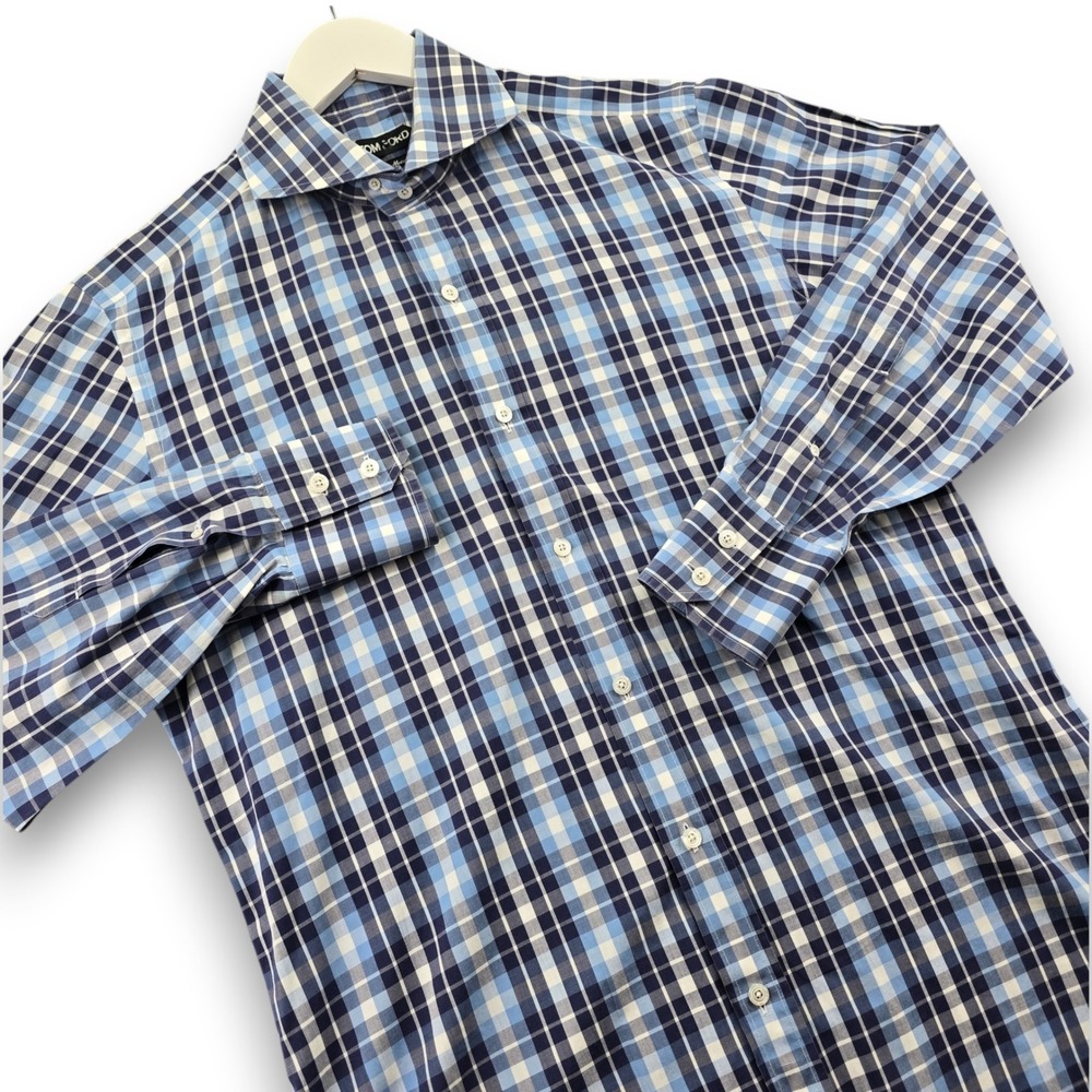 Tom Ford Mens Dress Shirt 16.5 42 Blue White Plaid Cotton Switzerland